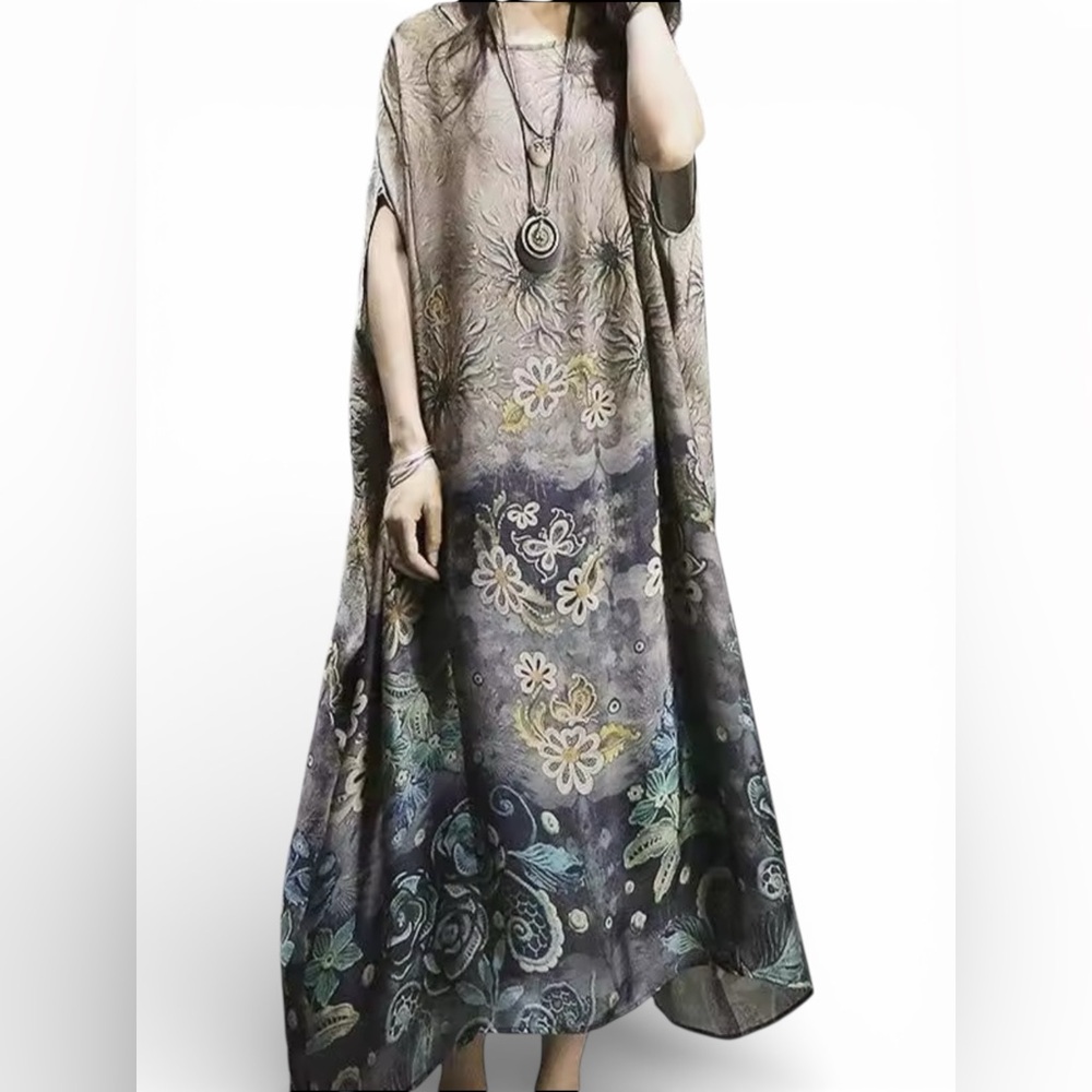 Silk Chiffon Oversized Boho Floral Kaftan Maxi Dress One Size - Picture 2 of 11